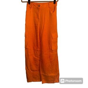 NWOT HG Linen Blend Orange High Rise Wide Leg Cargo Pants, Size M (113)